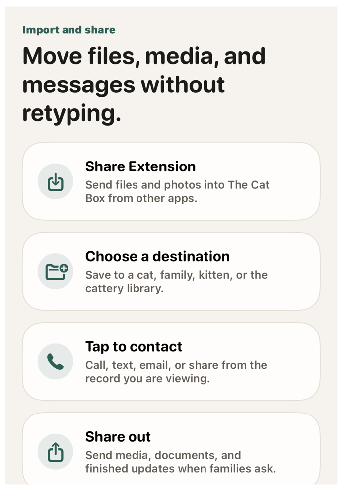 Import and share preview showing share extension, destination picker, contact, and sharing actions.