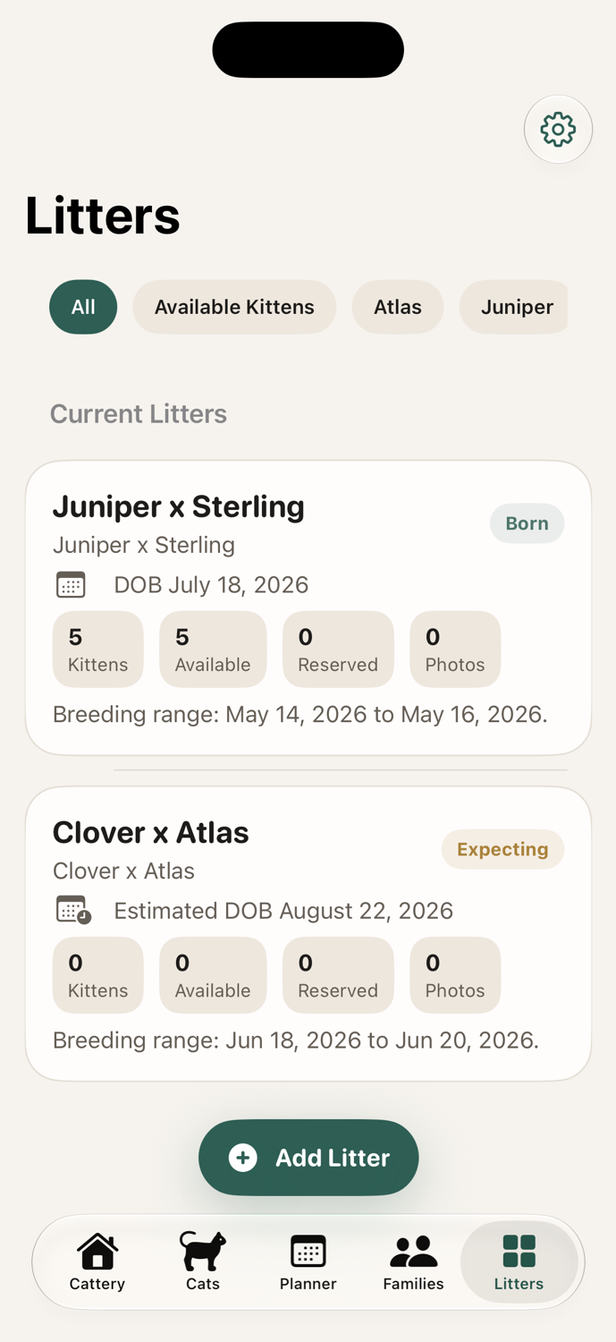 The Cat Box Litters tab showing litter records and filtering.